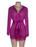 New Sheer Lace Trim Purple & Red & Black & White & Pink Robe With Thong