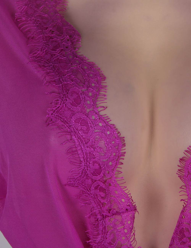 New Sheer Lace Trim Purple & Red & Black & White & Pink Robe With Thong