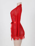 New Sheer Lace Trim Purple & Red & Black & White & Pink Robe With Thong