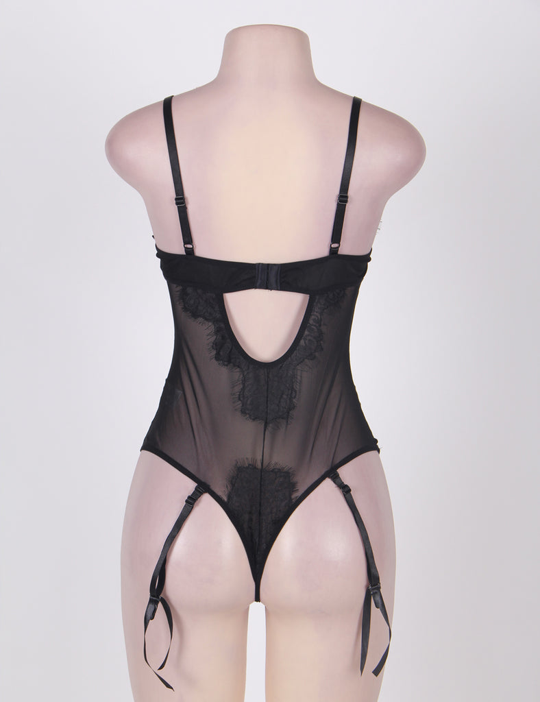 Sexy Red & Black Eyelash Lace Teddy Lingerie