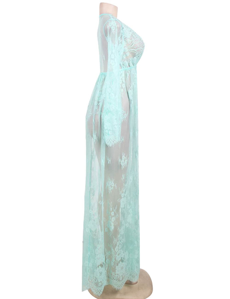 New Green and Nude Lace Long Sleeve Maxi Dress