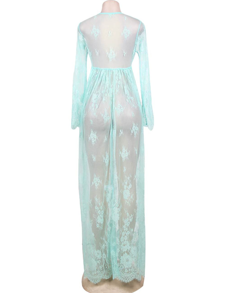 Green and Nude Lace Long Sleeve Maxi Dress