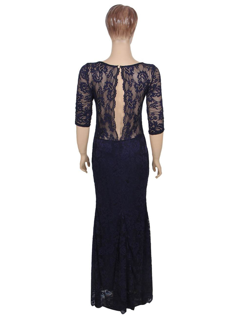 Royal Blue Lace Floral Long Party Dress