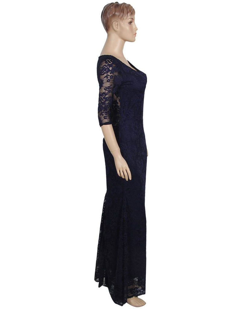 Royal Blue Lace Floral Long Party Dress