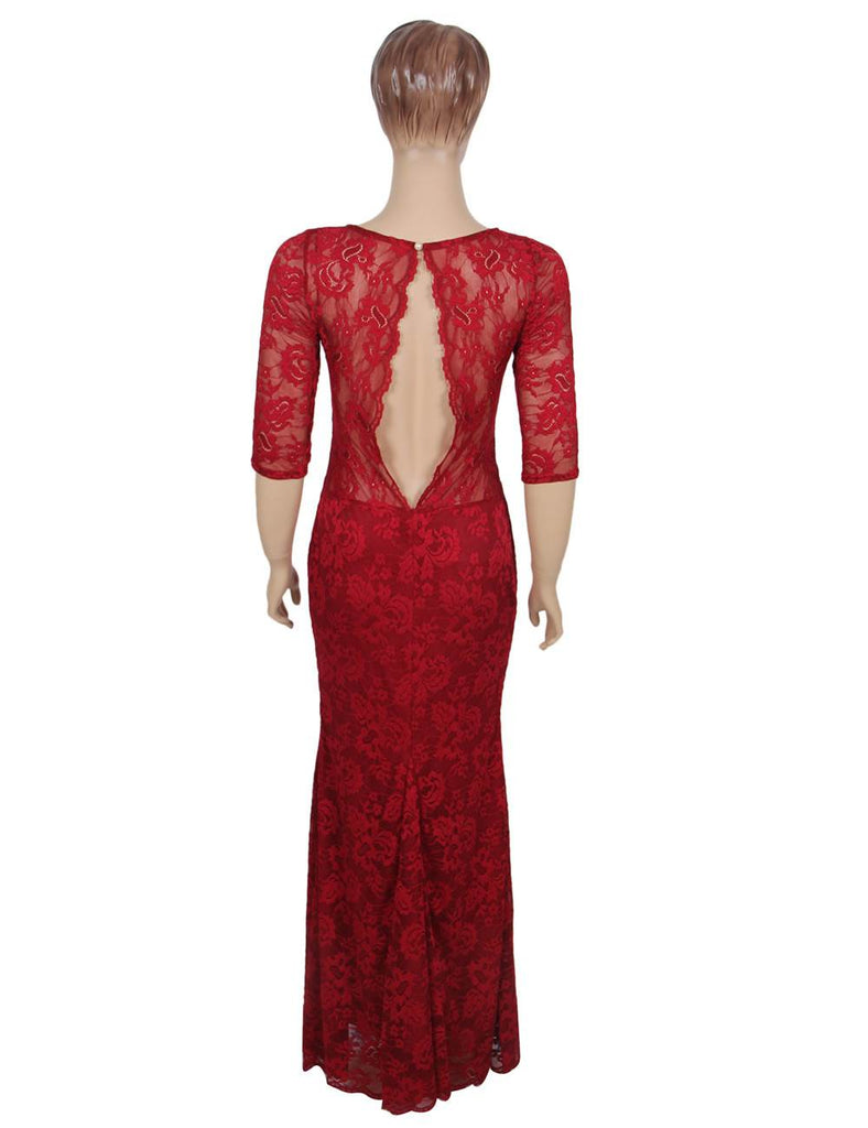Royal Blue Lace Floral Long Party Dress