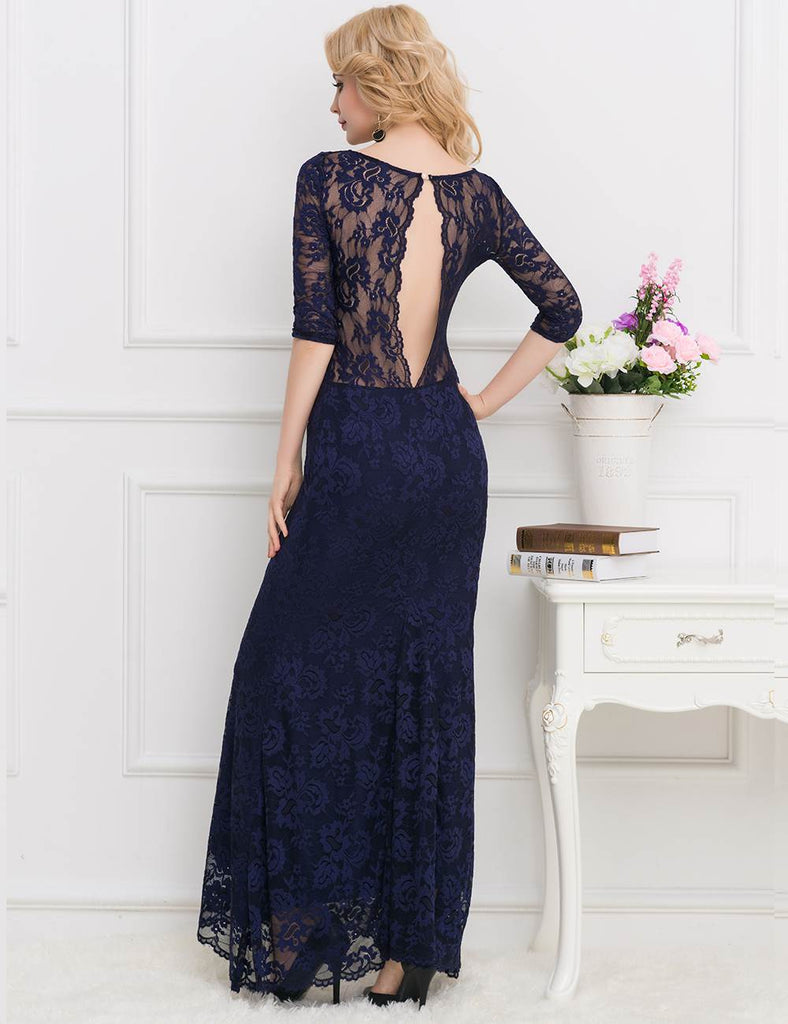 Royal Blue Lace Floral Long Party Dress