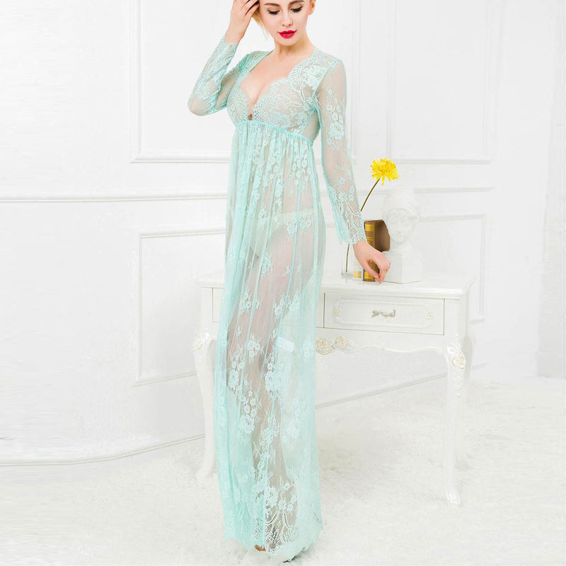 Green and Nude Lace Long Sleeve Maxi Dress