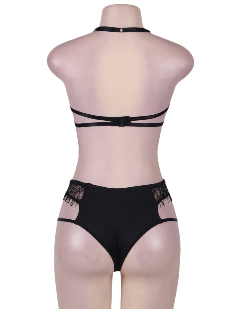 Plus Size Black Halter Sexy Bra Set With Eyelash