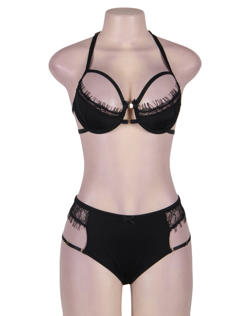 Plus Size Black Halter Sexy Bra Set With Eyelash