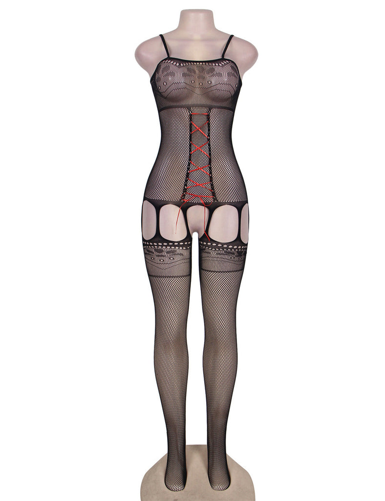 Black Fishnet Red Croch Front Bodystocking