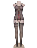 Black Fishnet Red Croch Front Bodystocking