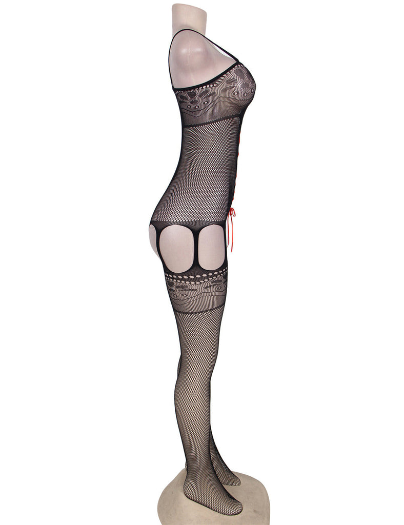 Black Fishnet Red Croch Front Bodystocking
