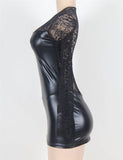 Leather Patchwork Lace Round Neck Front Pleat Long Sleeve Sexy Leather Miniskir