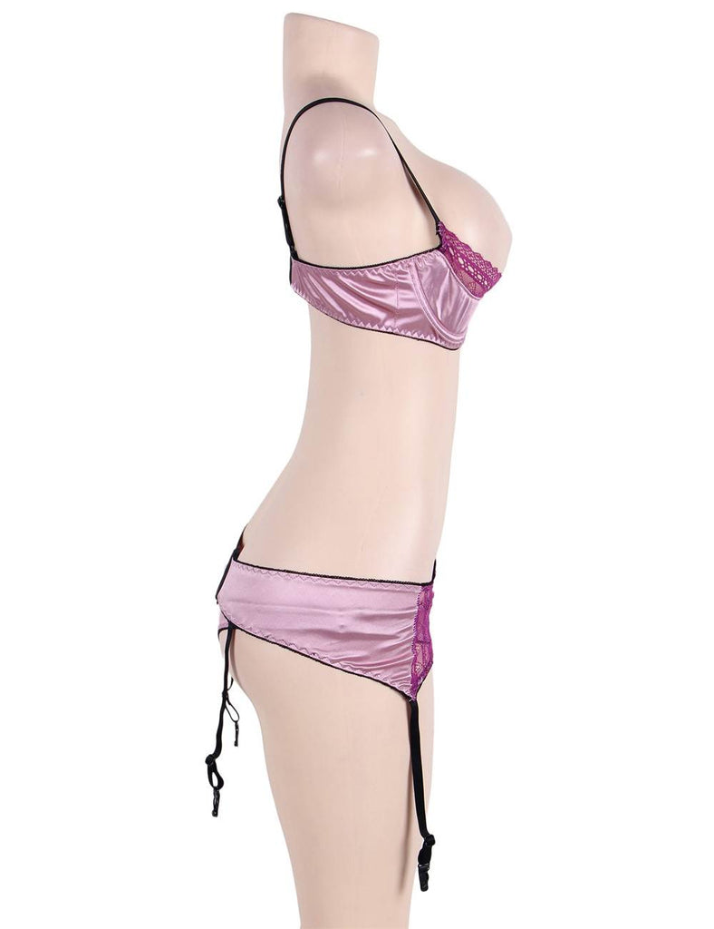 Deluxe Satin Lace Stitching Open Bust Bra Set