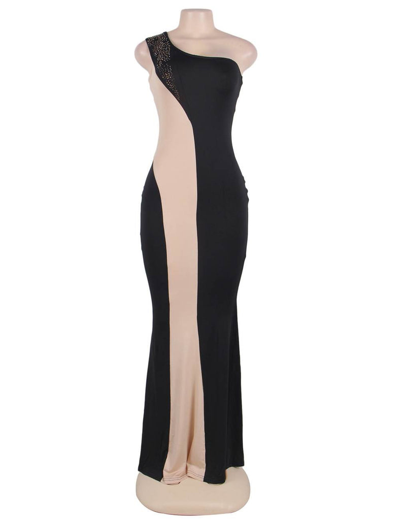 Black And Nude One Shoulder Maxi Dress