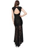 Short Sleeve Black  and Blue Lace Backless Party Gown