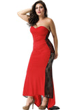 Long Strapless Ruffle Floral Red Prom Dresses