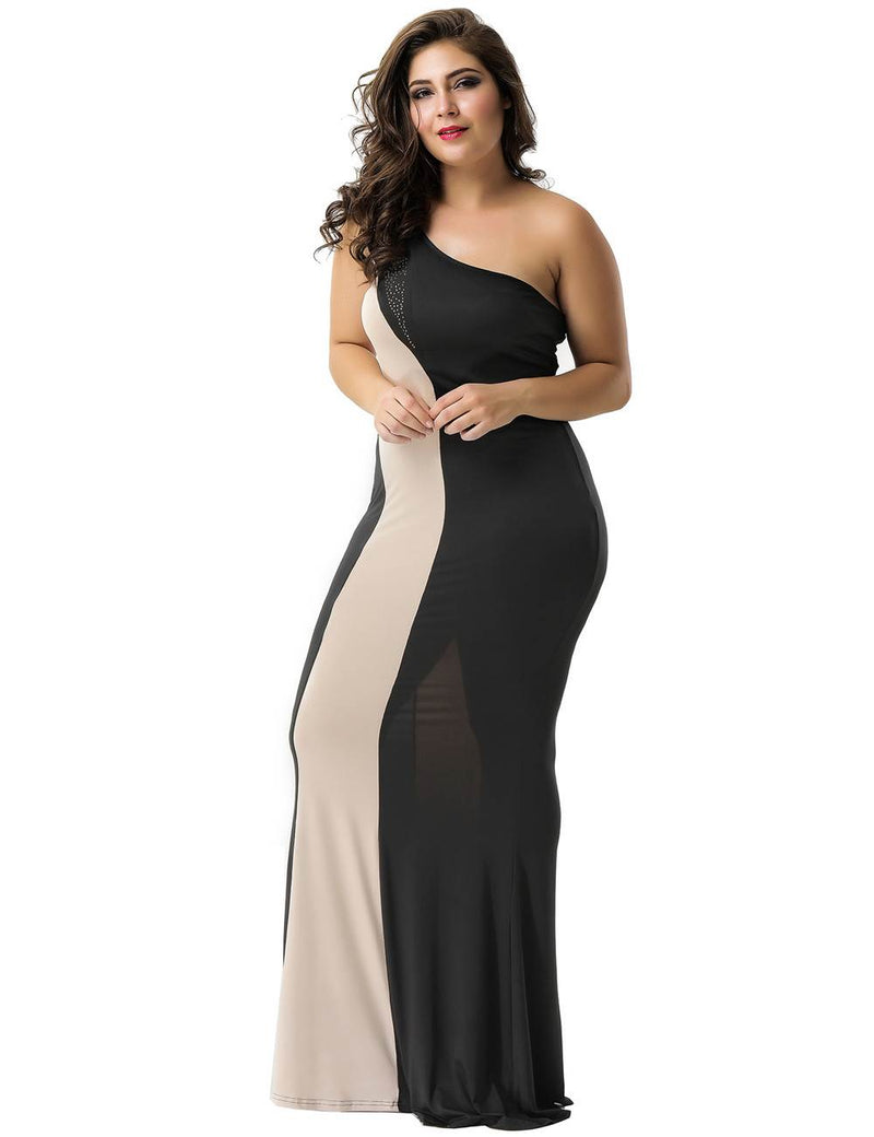 Black And Nude One Shoulder Maxi Dress