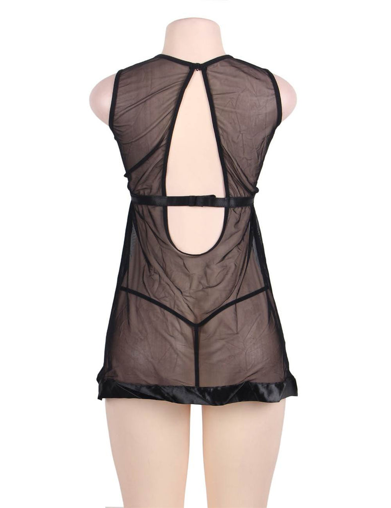 Black Sheer Mesh Babydoll Lingerie Set With G String