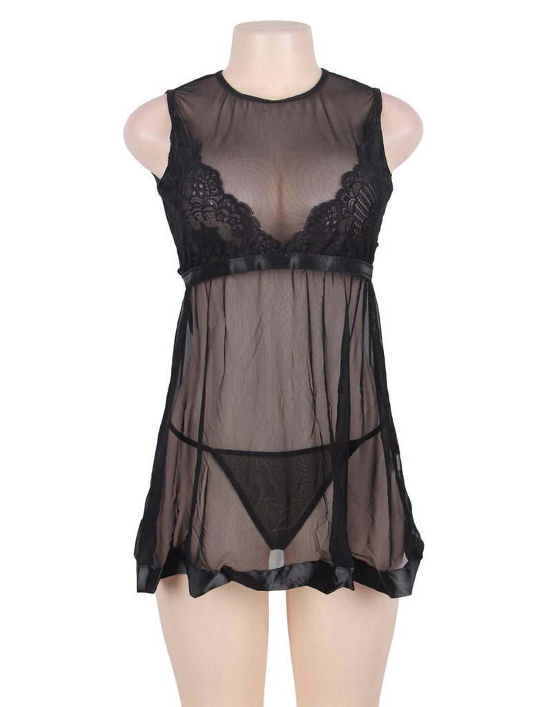 Black Sheer Mesh Babydoll Lingerie Set With G String