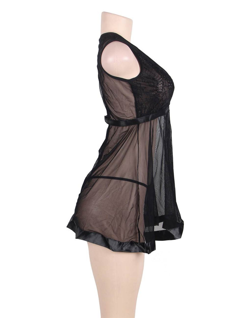 Black Sheer Mesh Babydoll Lingerie Set With G String