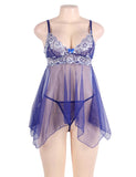 Plus Size Blue Sheer Mesh Babydoll Lingerie Set-With Farawlaya