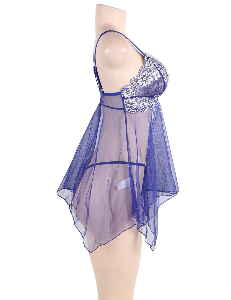 Plus Size Blue Sheer Mesh Babydoll Lingerie Set-With Farawlaya