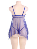 Plus Size Blue Sheer Mesh Babydoll Lingerie Set-With Farawlaya