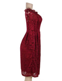 Long Sleeve Fashion Red Lace Midi Dress Egypt
