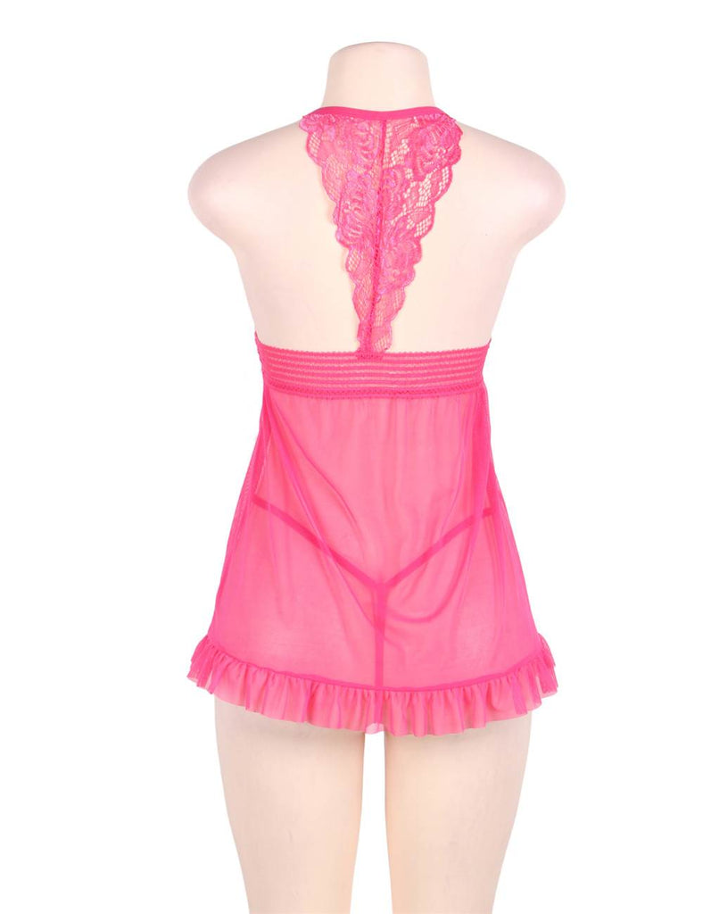 Big Size Pink Sheer Stretch Lace and Net Open Back Babydoll