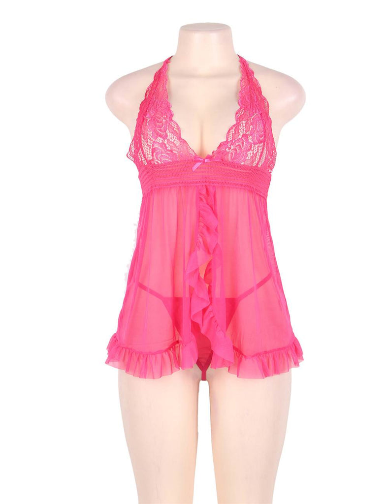 Big Size Pink Sheer Stretch Lace and Net Open Back Babydoll