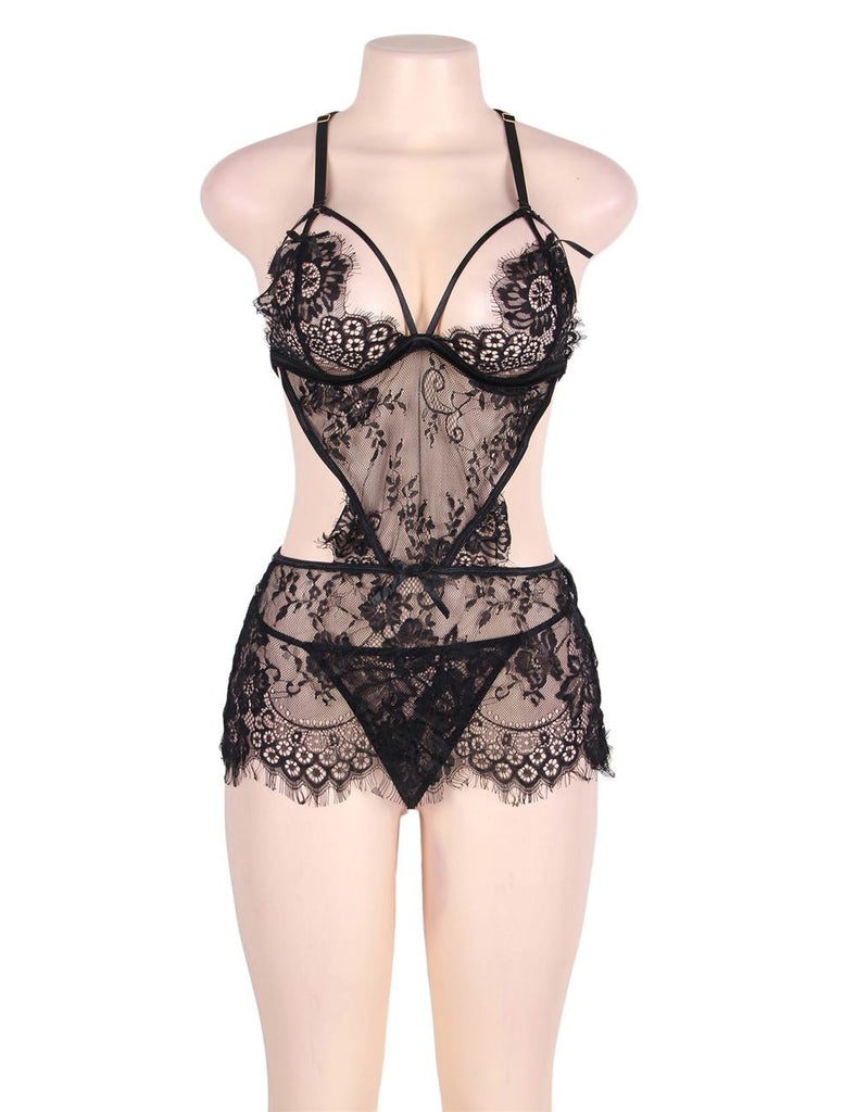 Black Lace Sexy Conjoined Babydoll Lingerie Set