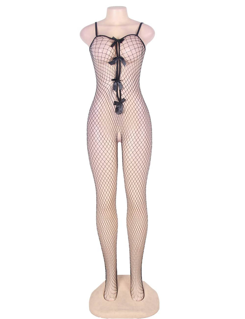 Stretch Fishnet Crotchless Bowknot Bodystockings