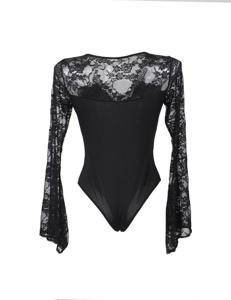 Black Eyelashes Lace Horn Sleeve Teddy