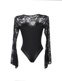 Black Eyelashes Lace Horn Sleeve Teddy