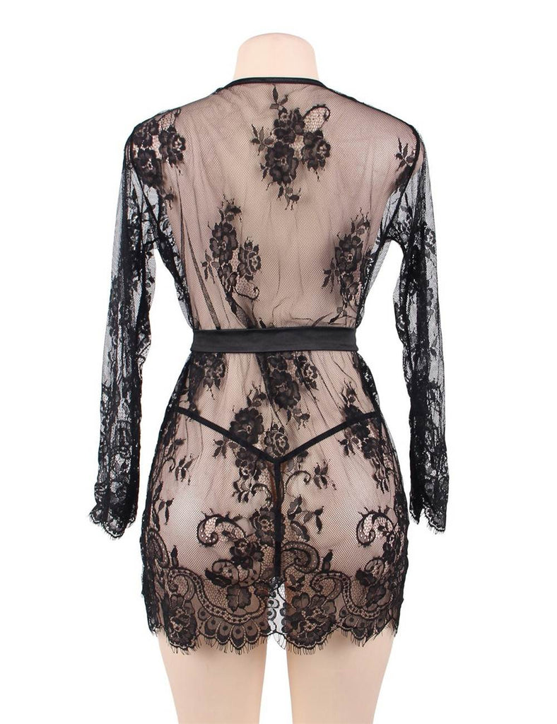 Black Eyelash Lace Sleepwear Gown With Thong With Farawlaya