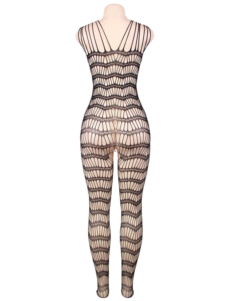 New Black Strappy Shoulders Sheer Open Net Bodystockings