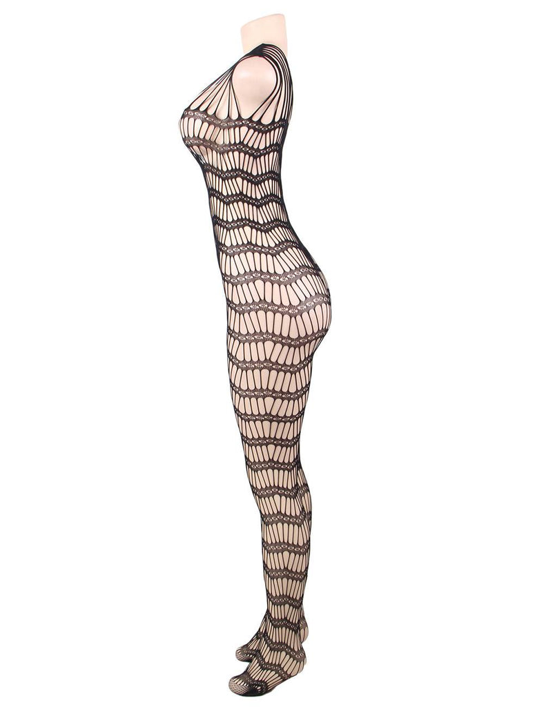 New Black Strappy Shoulders Sheer Open Net Bodystockings