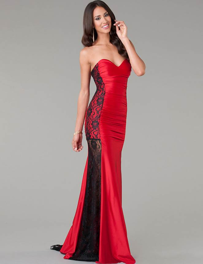 Long Strapless Ruffle Floral Red Prom Dresses