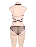 Black Backless Striped Lace Teddy