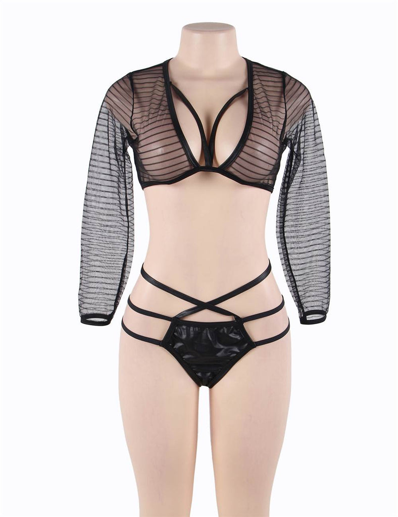 Black Striped Lace Long Sleeve Bra Set