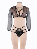 Black Striped Lace Long Sleeve Bra Set