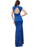 Short Sleeve Black  and Blue Lace Backless Party Gown