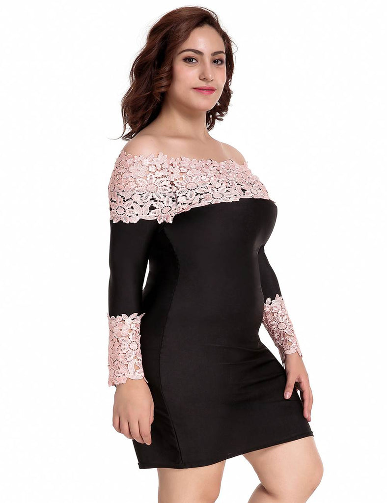 Plus Size Long Sleeve Off-Shoulder Fashion Lace Dress