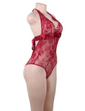 Red Deep V Backless Exquisite Lace Teddy With Farawlaya