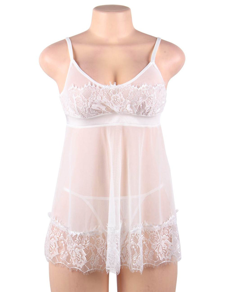 Sexy White Eyelash Trim Lace Babydoll Set