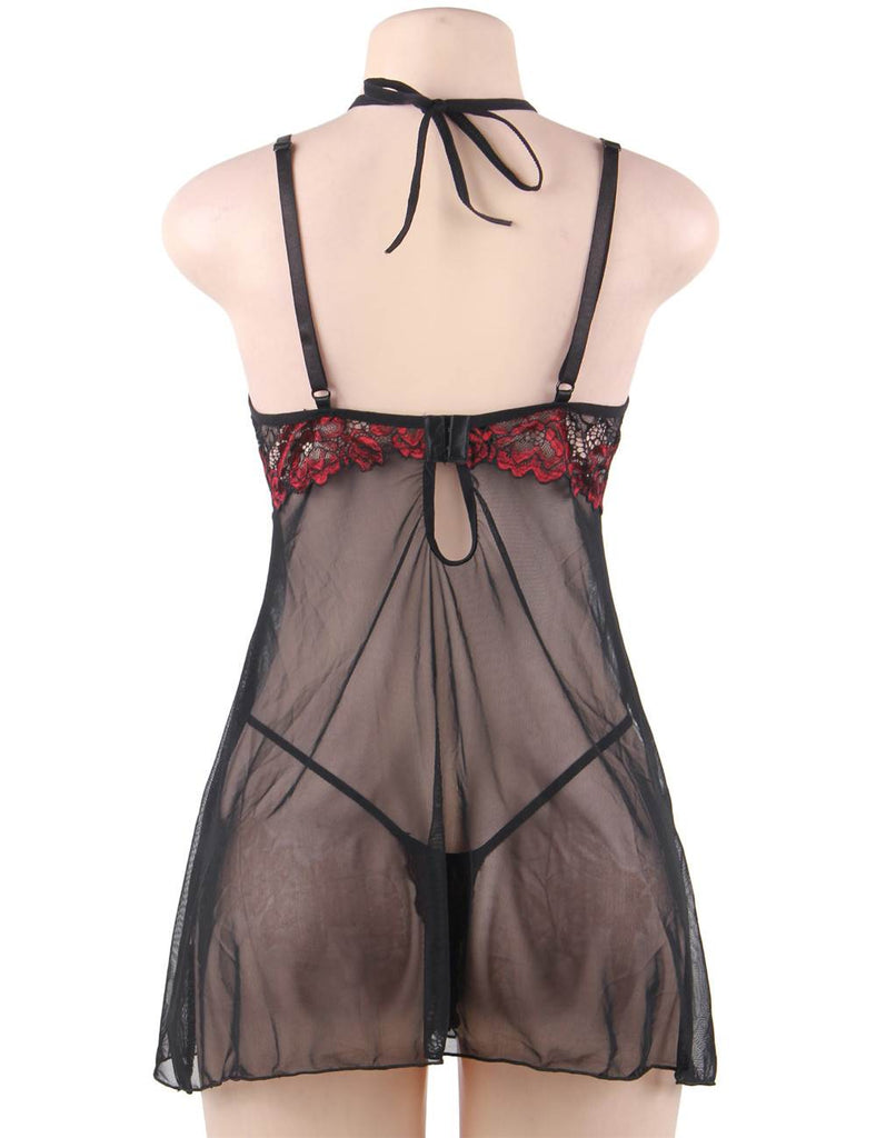 Black Red Stitching Lace Perspective Babydoll