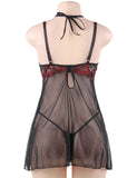 Black Red Stitching Lace Perspective Babydoll