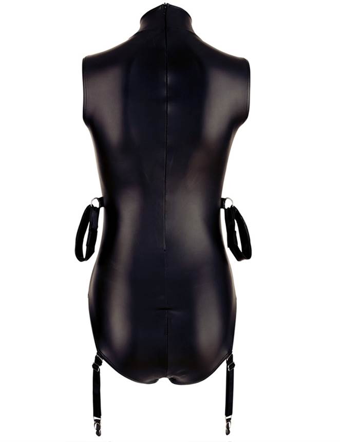 Sleeveless Bodysuit Black PU Leather Open Bust Temptation