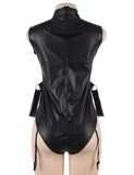 Sleeveless Bodysuit Black PU Leather Open Bust Temptation